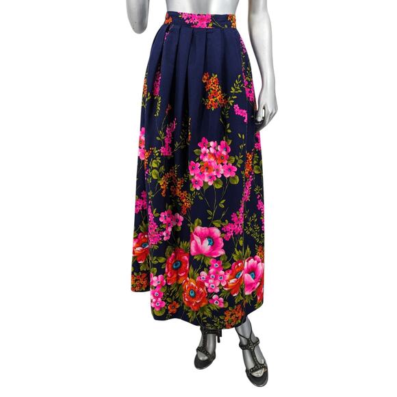 Handmade Vintage 1970s HAWAIIAN MAXI SKIRT Cotton Crepe Bark Cloth Bright Floral - Picture 3 of 6